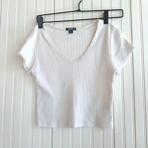 Wild Fable Ribbed Lace Trim V-Neck Short Sleeve Crop Top Cream White Small